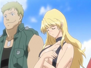 Busty anime gets squeezed her bigtits in the beach