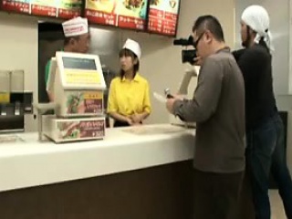 Fast food worker comes out counter...