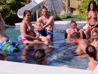 Chubby couple joins other swingers in the pool for hot fun