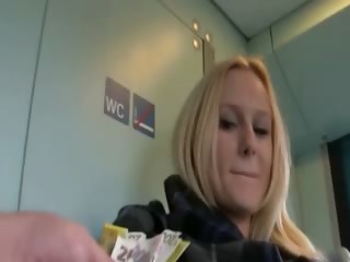 Hot blonde amateur fucked and creampied in a train toilet