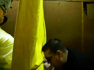 Blowing a straight guy through homemade gloryhole