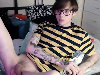 Emo gay boy jerks his uncut cock