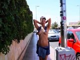 Russian exhibitionist mom flashing shaved pussy in Spain -