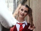 College uniform voyeur teases outdoor